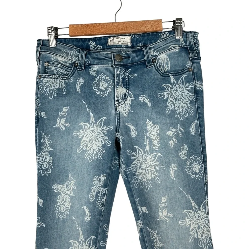 Free People Just Float On Printed Flare Jeans Floral Paisley Blue 29 Raw Hem
